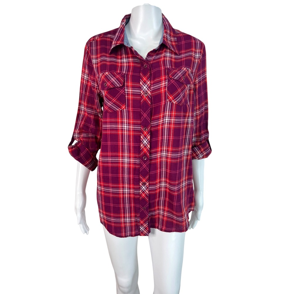 Arizona Jean Co Blouse Top Plaid Roll Tab Sleeve Casual PNW Cabincore Size L NWT